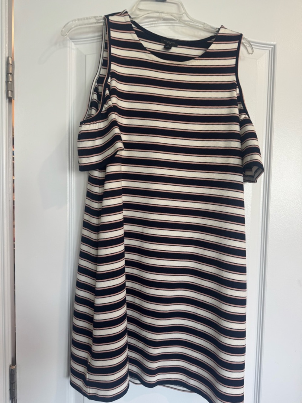 Ann Taylor Navy and Cream Cold-Shoulder Striped Shift Dress